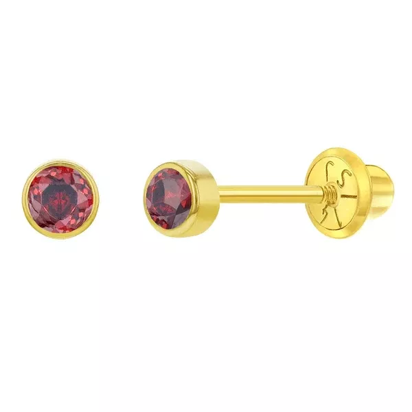 14K Gold Tiny Bezel CZ Birthstone Solitaire 3mm Screw Back Earrings