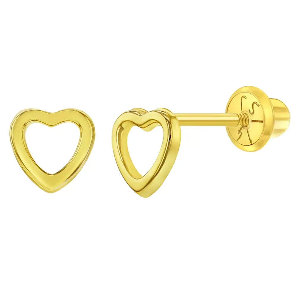 14K Gold Tiny Open Heart Screw Back Earrings