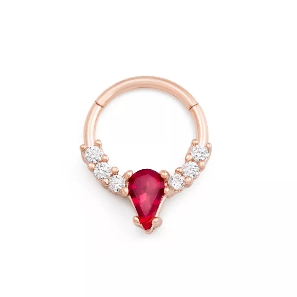 16g 3/8” PVD Rose Gold Teardrop Red Jewel Clicker Ring — Price Per 1