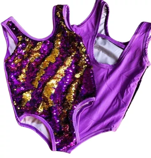 Belle Cher Gymnastics Leotard - Purple/Gold Flip Sequins