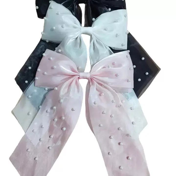 Chiffon Pearl Long Tail Hair Bow