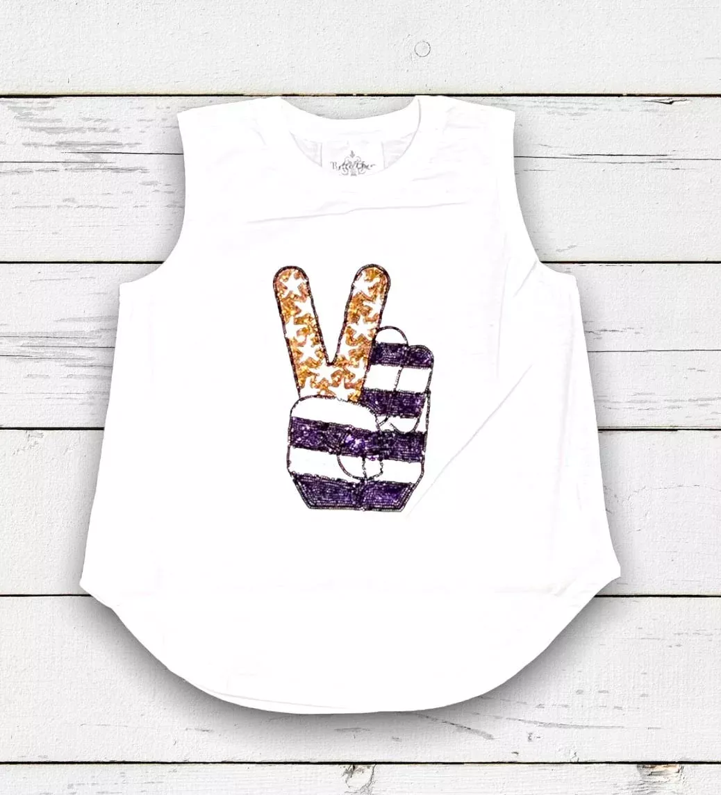Purple/Gold Sequin Peace Sign Tank Top